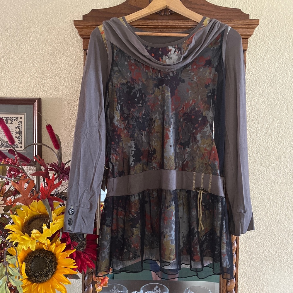 Dolcezza Long Sleeve Mixed Media Artsy Boho Mini Dress Sheer & Abstract Medium